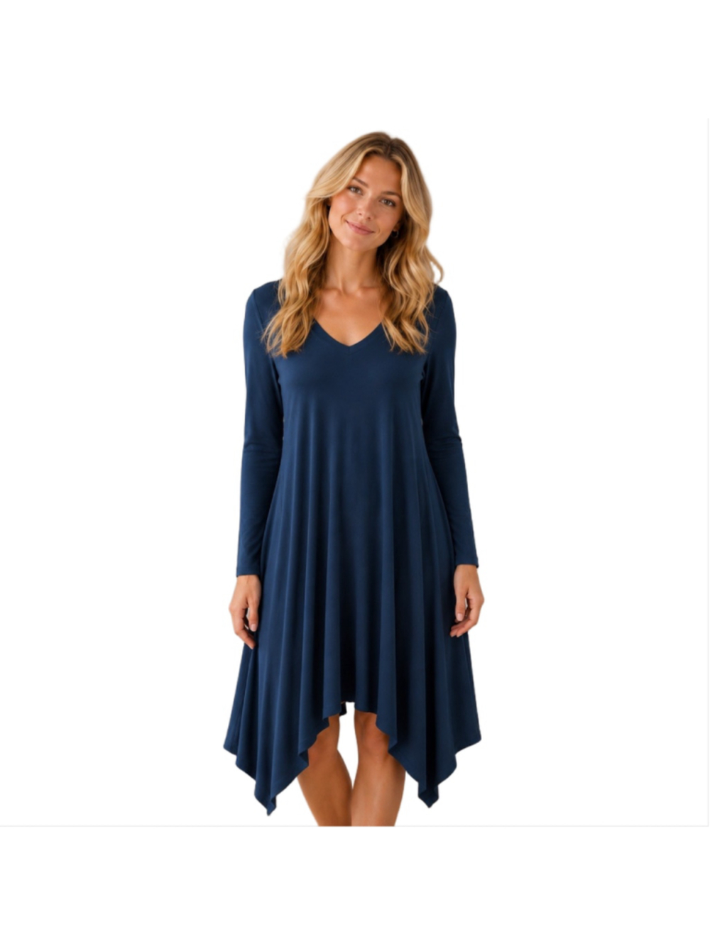 Sympli Tunic Dress Handkerchief Hem Navy Blue Matte Jersey Travel Flattering 10